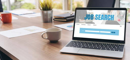 Online job search on modish website for worker to search for job opportunities on the recruitment internet network - obrazy, fototapety, plakaty