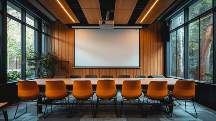 Modern conference room with a large white projection screen, orange chairs around a long table, wood paneled walls, and floor-to-ceiling windows with a view of trees. - obrazy, fototapety, plakaty