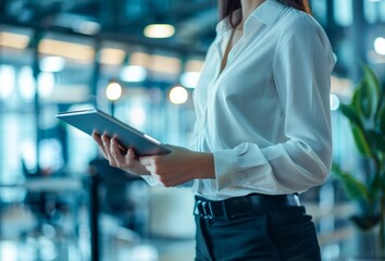 A professional woman is engrossed in analyzing information on her digital tablet while standing in a modern workspace 