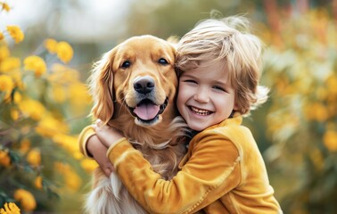 A young boy with a bright smile hugs his golden retriever tightly, sharing a moment of joy and friendship. 