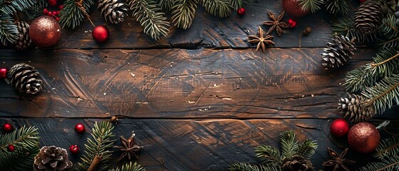 Fototapeta na wymiar Rustic wooden table with seasonal decorations, background with space
