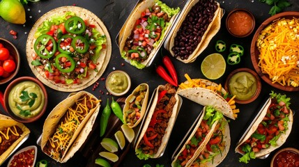 Flat lay of a taco bar set up with an assortment of taco fillings such as seasoned ground beef, grilled chicken, black beans, shredded lettuce, diced tomatoes, shredded cheese, sour cream, and salsa, 