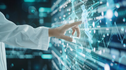 Scientist touching digital data interface with futuristic technology.