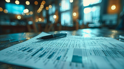 A close-up view of a pen resting on financial documents with blurred lights in the background, suggesting a late-night work session in a corporate or business setting.