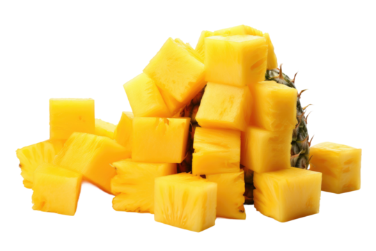 Cubes of Cheese and Pineapple. A pile of cubes of cheese is seen next to a pineapple on a table. The cubes are varied in size and color, while the pineapple is vibrant and textured.