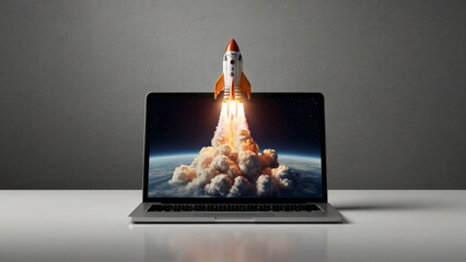 Rocket launch from laptop screen. Rocket taking off. Business Start up, Launching new product or service. Successful start-up