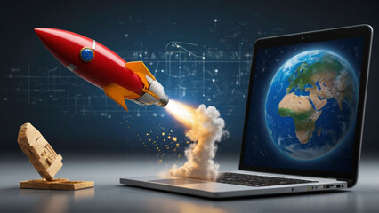 As your idea ignites, a rocket shoots out of a laptop screen, symbolizing the limitless potential of your imagination.