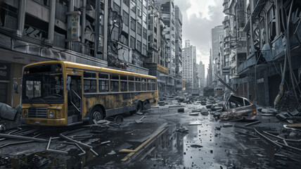 Post-apocalyptic cityscape, a desolate scene with a derelict bus and abandoned vehicles beneath overcast skies. - obrazy, fototapety, plakaty