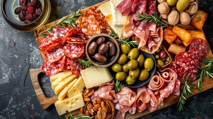 Top view of a charcuterie board laden with an assortment of cured meats, artisanal cheeses, olives, nuts, and dried fruits, arranged elegantly on a wooden platter - obrazy, fototapety, plakaty