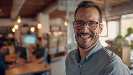 Obraz premium A joyful man with glasses beams with pride in a dynamic startup office environment, encapsulating positivity.