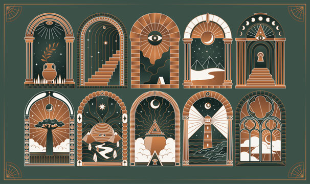 Boho frame arch vector illustration modern minimalistic retro aesthetic linear arc portal logo bohemian design element mystical geometric abstract border