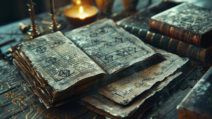 An open ancient book with mysterious symbols and texts rests on a wooden table surrounded by dim candlelight, evoking a sense of mysticism and arcane knowledge. - obrazy, fototapety, plakaty