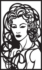 Beautiful girl with curls. Beauty salon, hair studio, strong face. Vector Ready to laser, vinyl cutting. Line art