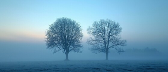 Silhouetted trees in a foggy field at dawn, mystery, ample copy space