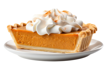 Pumpkin Pie Slice With Whipped Cream. A delicious slice of pumpkin pie topped with a generous dollop of whipped cream, showcasing the rich orange filling and creamy topping.