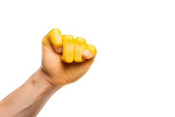 Hand Holding Yellow Object. A hand is holding a bright yellow object in the air. The fingers are wrapped securely around the object, which is being lifted upwards.