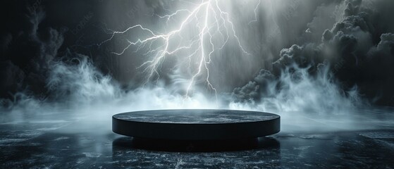 Sleek black podium, lightning storm background, dramatic contrast