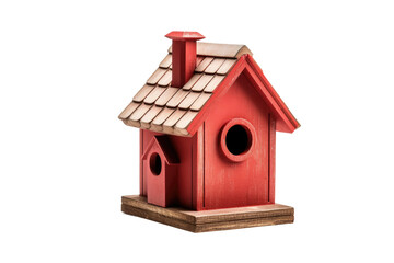 Obraz na płótnie Canvas Red Birdhouse With Brown Roof. A red birdhouse with a brown roof stands in a garden, providing shelter for birds. The sun shines on the colorful structure, highlighting its small entrance hole.