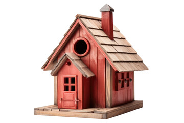 Obraz na płótnie Canvas Red Birdhouse With Brown Roof. A red birdhouse with a brown roof is standing on a post in a garden. The birdhouse is designed with a small entrance hole and a sloped roof.