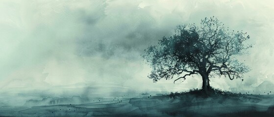 Stark abstract silhouette of a tree, watercolor winter fog