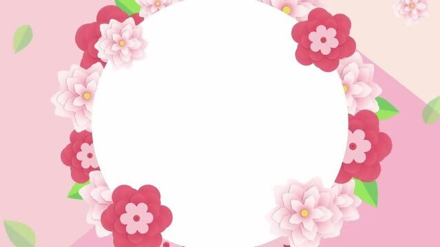 A pink background image with white circles and frames of flowers moving around.
