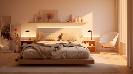 Modern Bedroom with Wooden Walls and Bed with Blanket and Pillows