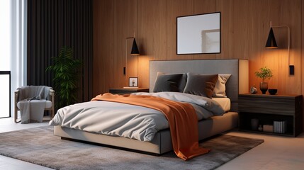 Modern Bedroom with Wooden Walls and Bed with Blanket and Pillows