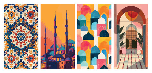 Colorful mosaic and architecture illustrations set