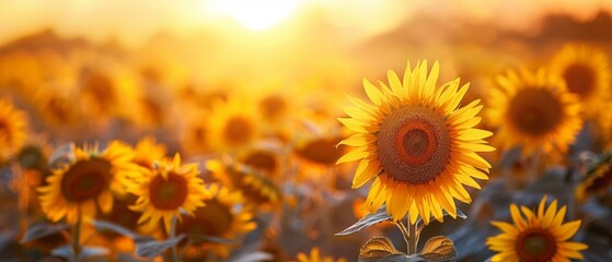 Sunflower field at sunset, golden hour glow, space for text