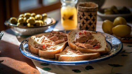Obraz na płótnie Canvas Rillettes on a plate with bread and olives
