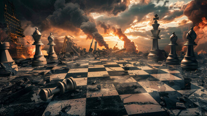 Apocalyptic chessboard battlefield under a foreboding sky. - obrazy, fototapety, plakaty
