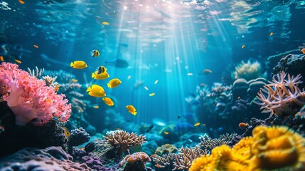 Fototapeta na wymiar Vibrant coral reef underwater, marine life, space for messaging