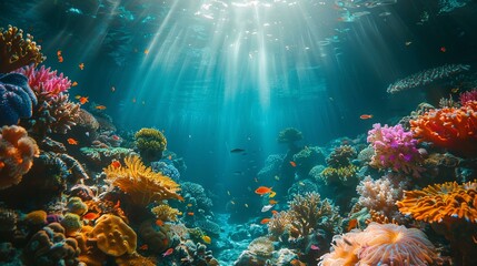 Fototapeta na wymiar Vibrant coral reef underwater, marine life, space for messaging