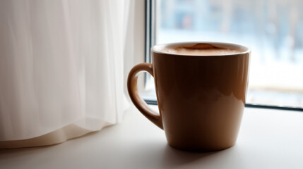 A cup of aromatic coffee stands on the windowsill near the window