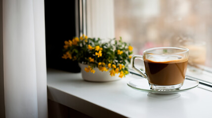 Obraz na płótnie Canvas A cup of aromatic coffee stands on the windowsill near the window
