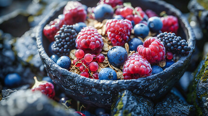 Bountiful Berry Mix: Vibrant Assortment of Fresh Berries in a Rustic Wooden Bowl