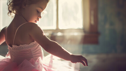 Soft light dances on a young ballerina in a dreamy dance studio. - obrazy, fototapety, plakaty