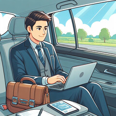 Young businessman working while traveling to office, vector illustration