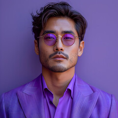 Fototapeta premium Man Wearing Purple Sunglasses Against a Vibrant Wall