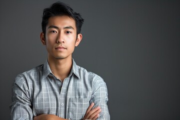 attractive young asian man wearing a shirt posing in front of the camera - obrazy, fototapety, plakaty