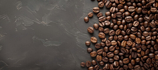 Background of coffee beans on a sack with a close-up view, showcasing the rich aroma and texture of roasted coffee beans with copyspace