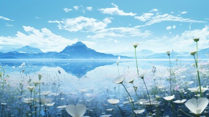 Fototapeta na wymiar Serene Mountain Lake Painting A Breathtaking Landscape