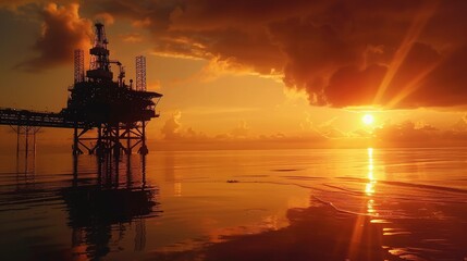 Obraz premium Oil platform in the ocean against the backdrop of sunset.