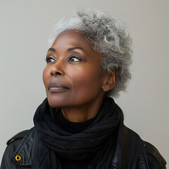 Striking Black Woman in Leather Jacket A Portrait of Resilience and Beauty - obrazy, fototapety, plakaty