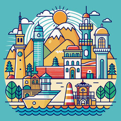 T-shirt sticker of Incorporate intricate line art depicting iconic landmarks of coastal destinations