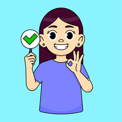 Girl smiling and holding a green check mark sign and showing OK gesture
