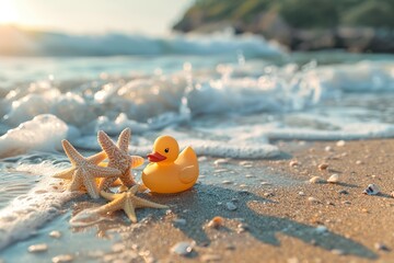 Fototapeta na wymiar yellow rubber duck and a starfish on the seashore