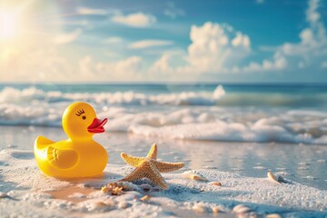 yellow rubber duck and a starfish on the seashore