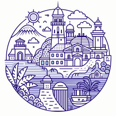 T-shirt sticker of Incorporate intricate line art depicting iconic landmarks of coastal destinations