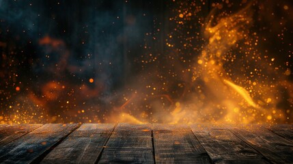 Burning fire on a wooden table on black background. - obrazy, fototapety, plakaty